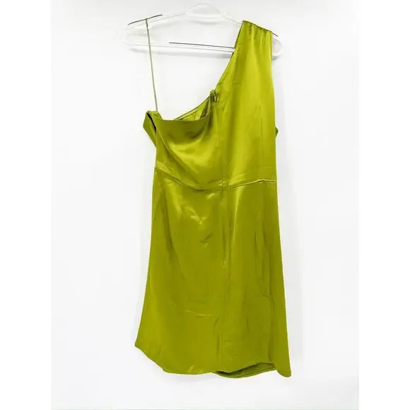 Sau Lee Heidy Green One Shoulder Satin Faux Wrap Mini Dress Size 14